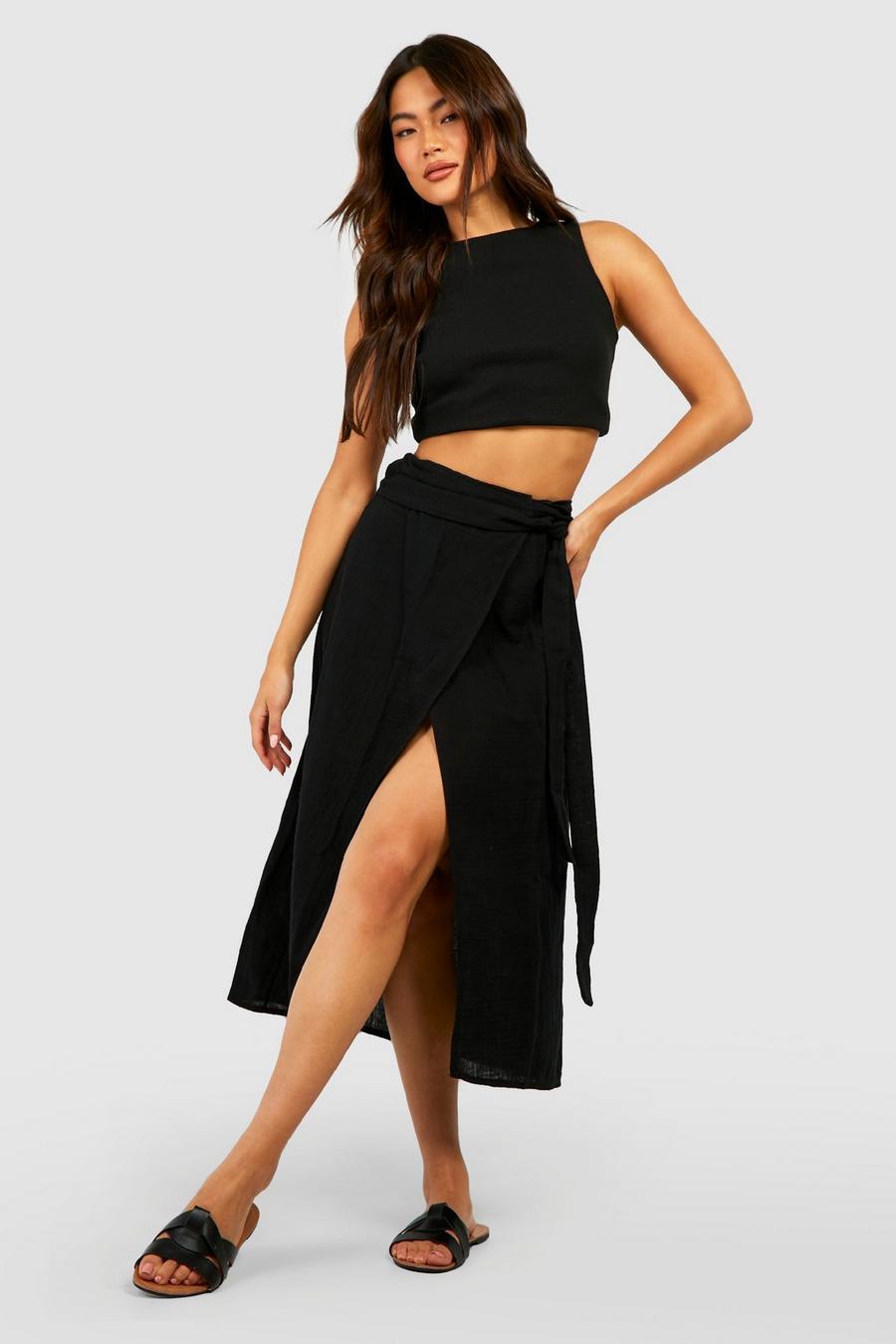 Black Cotton Crinkle Midi Wrap Skirt