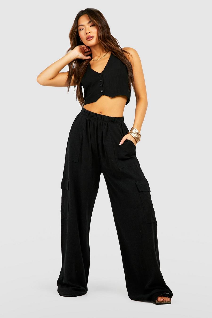 Black Linen Mix Wide Leg Cargo Trousers image number 1
