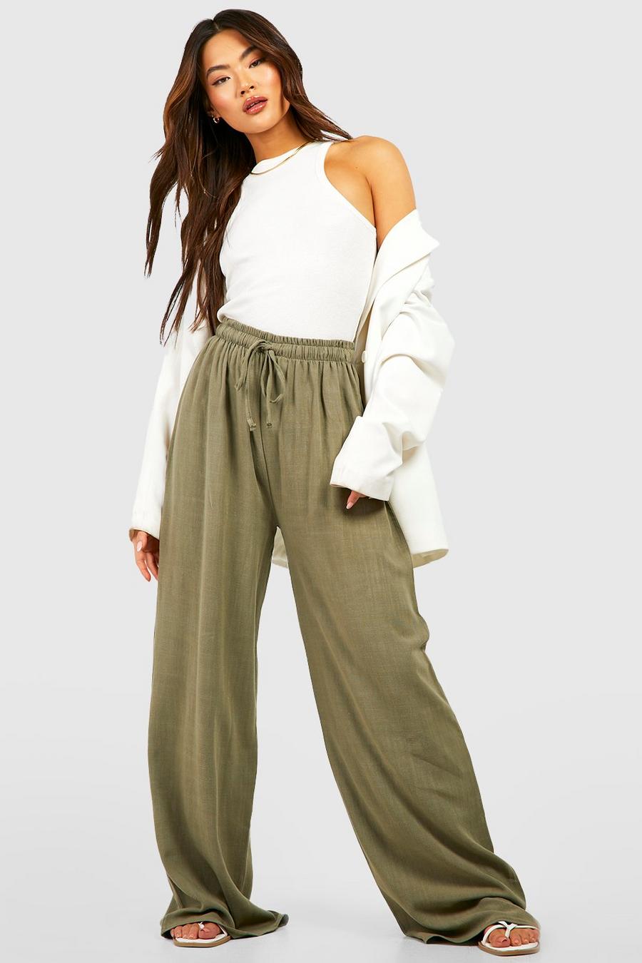 Linen-blend Pull-on Pants - Khaki green - Ladies