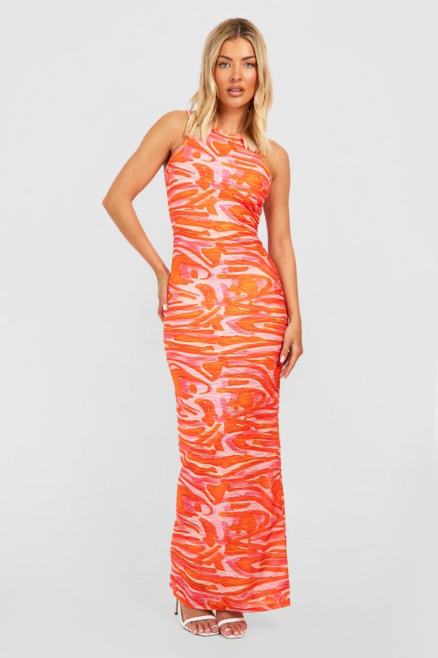 Orange Textured Abstract Print Maxi Dress