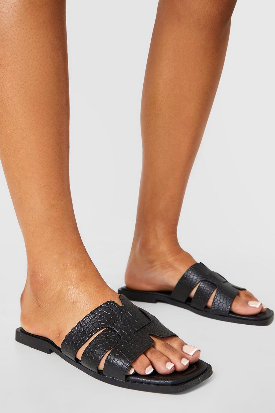 Black Caged Detail Croc Mule Flat Sandals