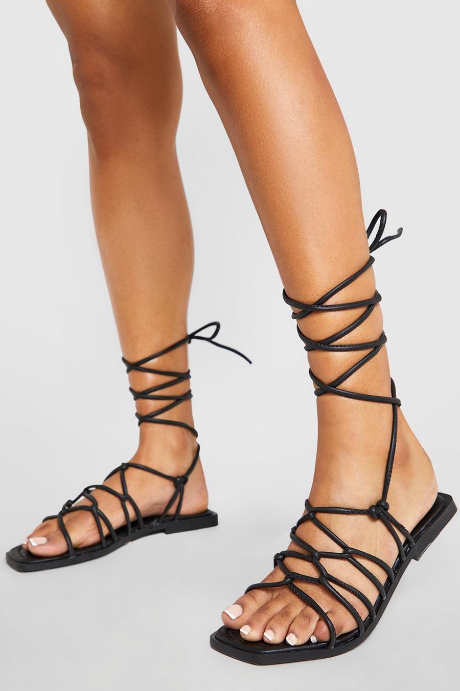 Black svart Caged Skinny Gladiator Tie Up Flat Sandals 