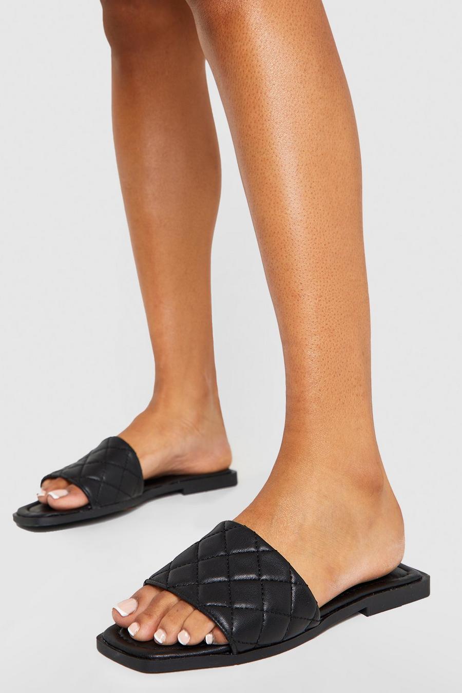 Black Quilted Square Toe Mule Sandals image number 1