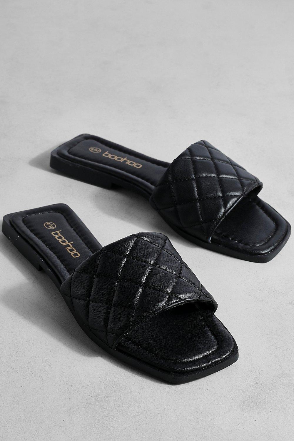 yu@　Square Buckle Mules Chunky Heels Mules Metallic Chain Square Toe Black Flats