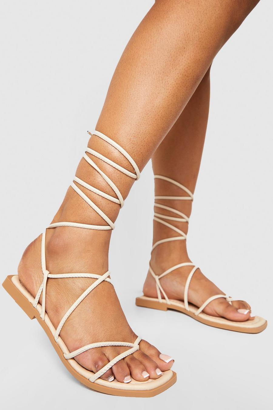 Cream Square Toe Skinny Strappy Tie Up Sandals image number 1
