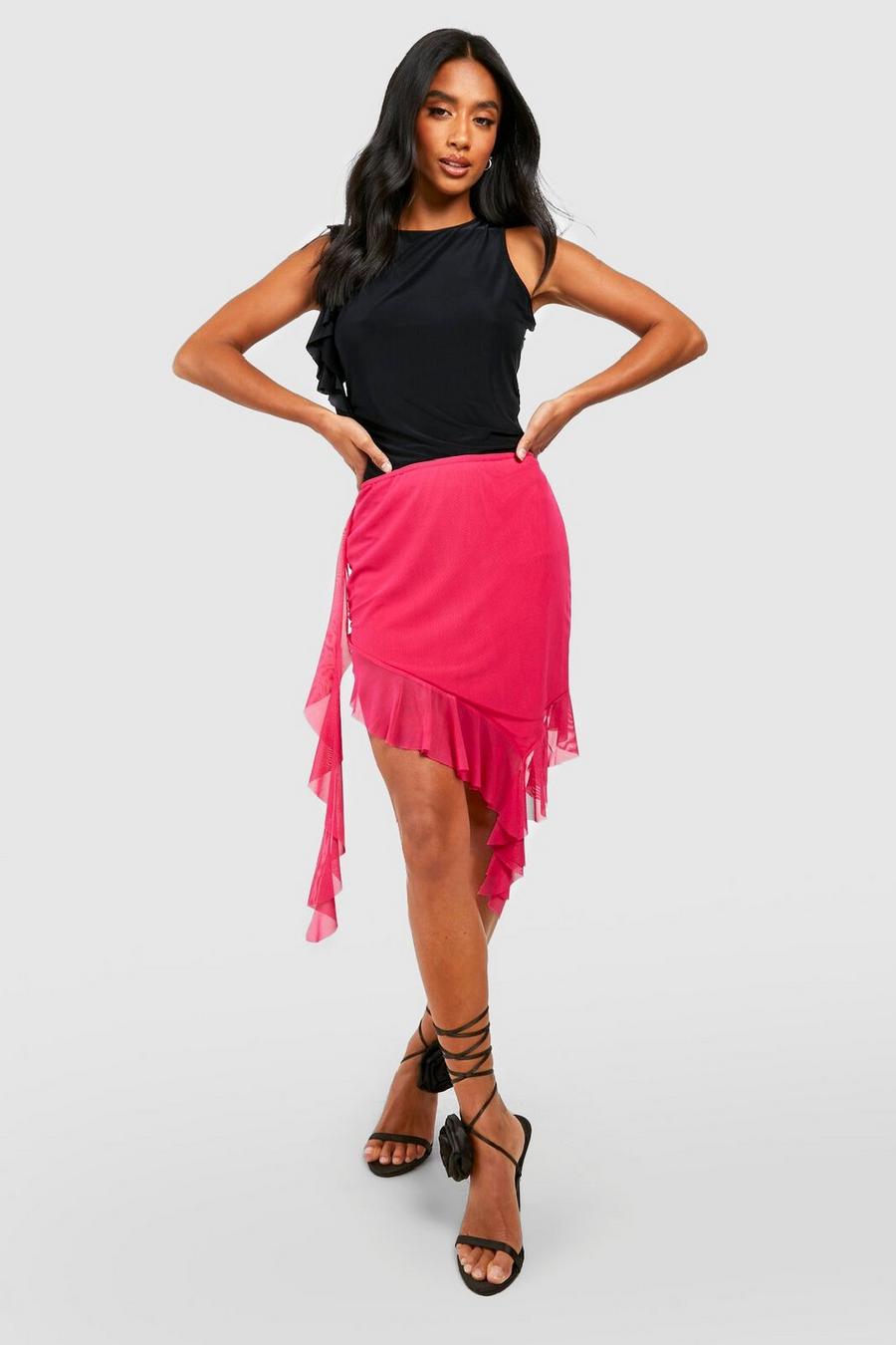 Hot pink Petite Ruffle Drape Sheer Mini Skirt