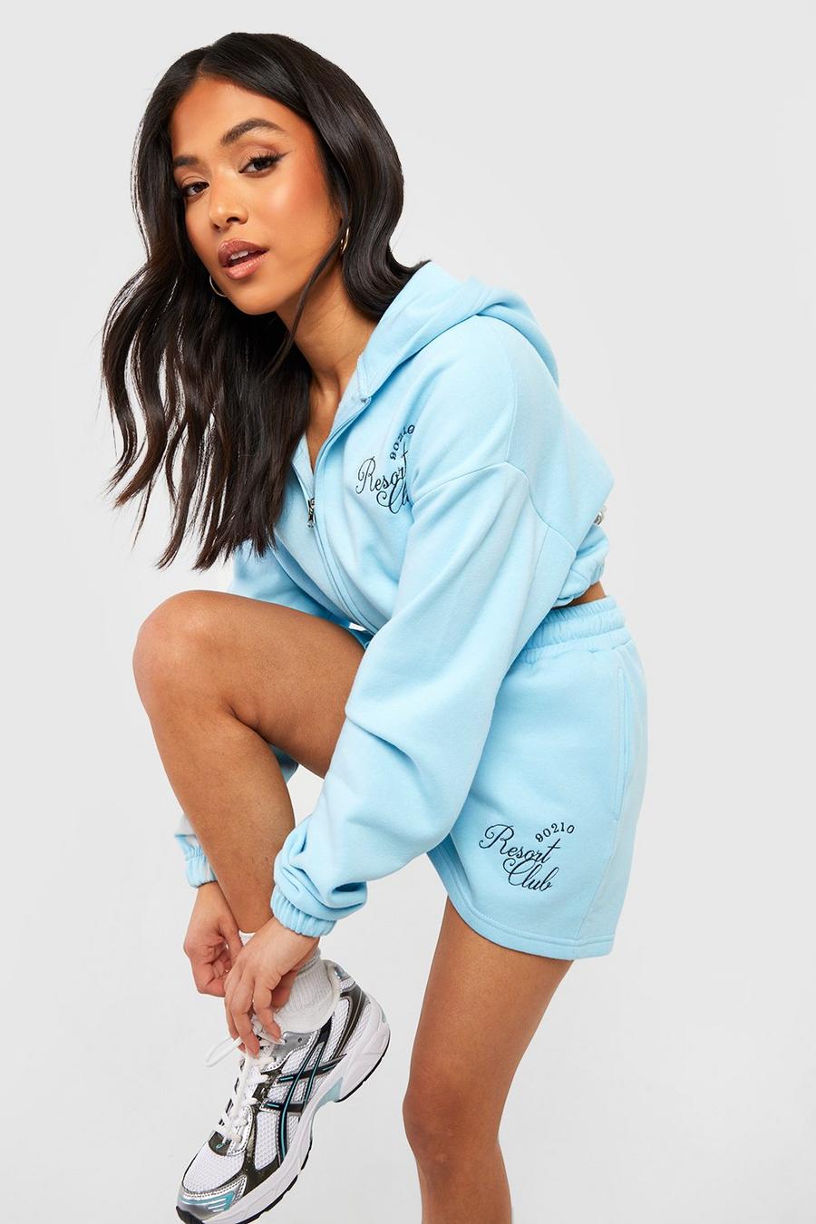 Pastel blue blå Petite Cropped Zip Through Embroidered Short Tracksuit