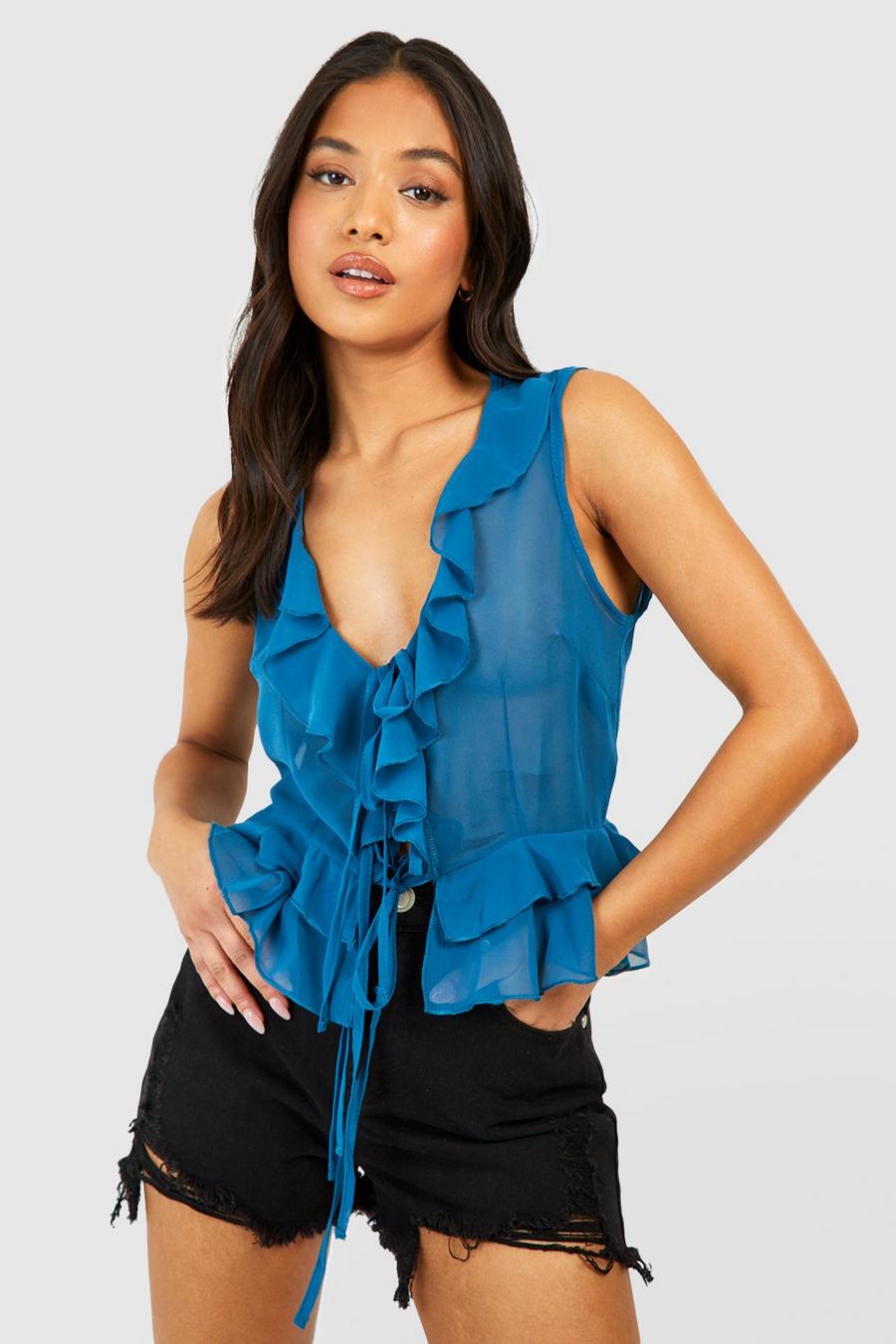 Turquoise Petite Chiffon Tie Front Top