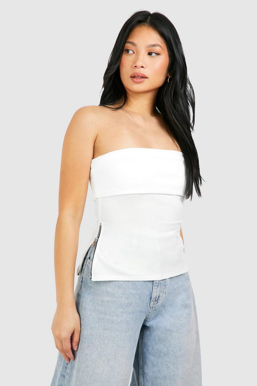 White Petite Side Zip Bandeau Top image number 1
