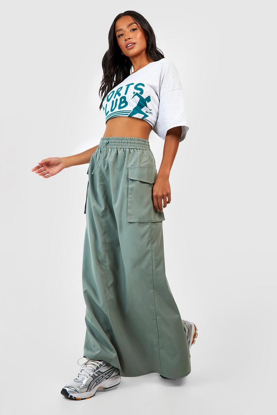 Washed khaki Petite Cargo Pocket Toggle Drawstring Maxi Skirt image number 1