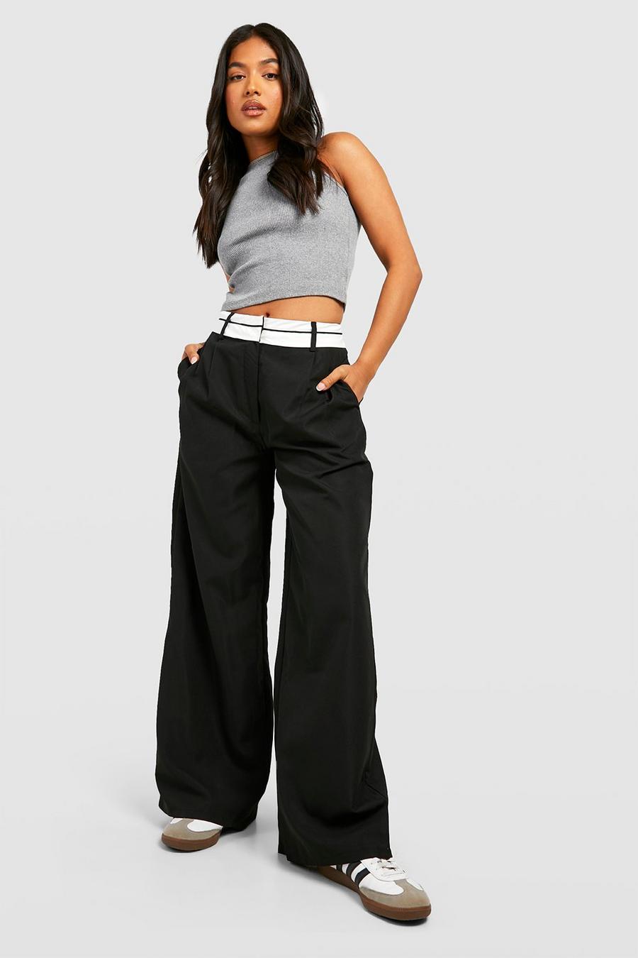 Black Petite Reverse Waistband Tailored Wide Leg Trousers image number 1