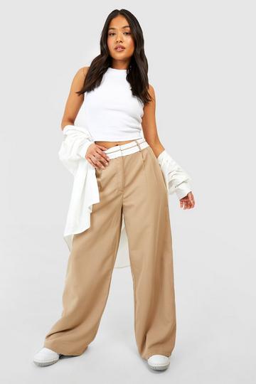 Camel Beige Petite Reverse Waistband Tailored Wide Leg Trousers