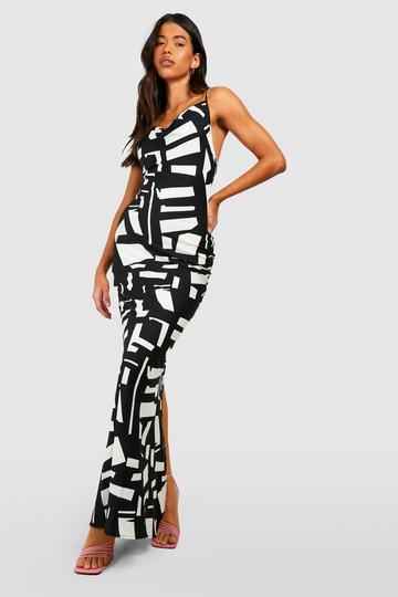 Tall Abstract Mono Print Cowl Strappy Satin Maxi Dress black