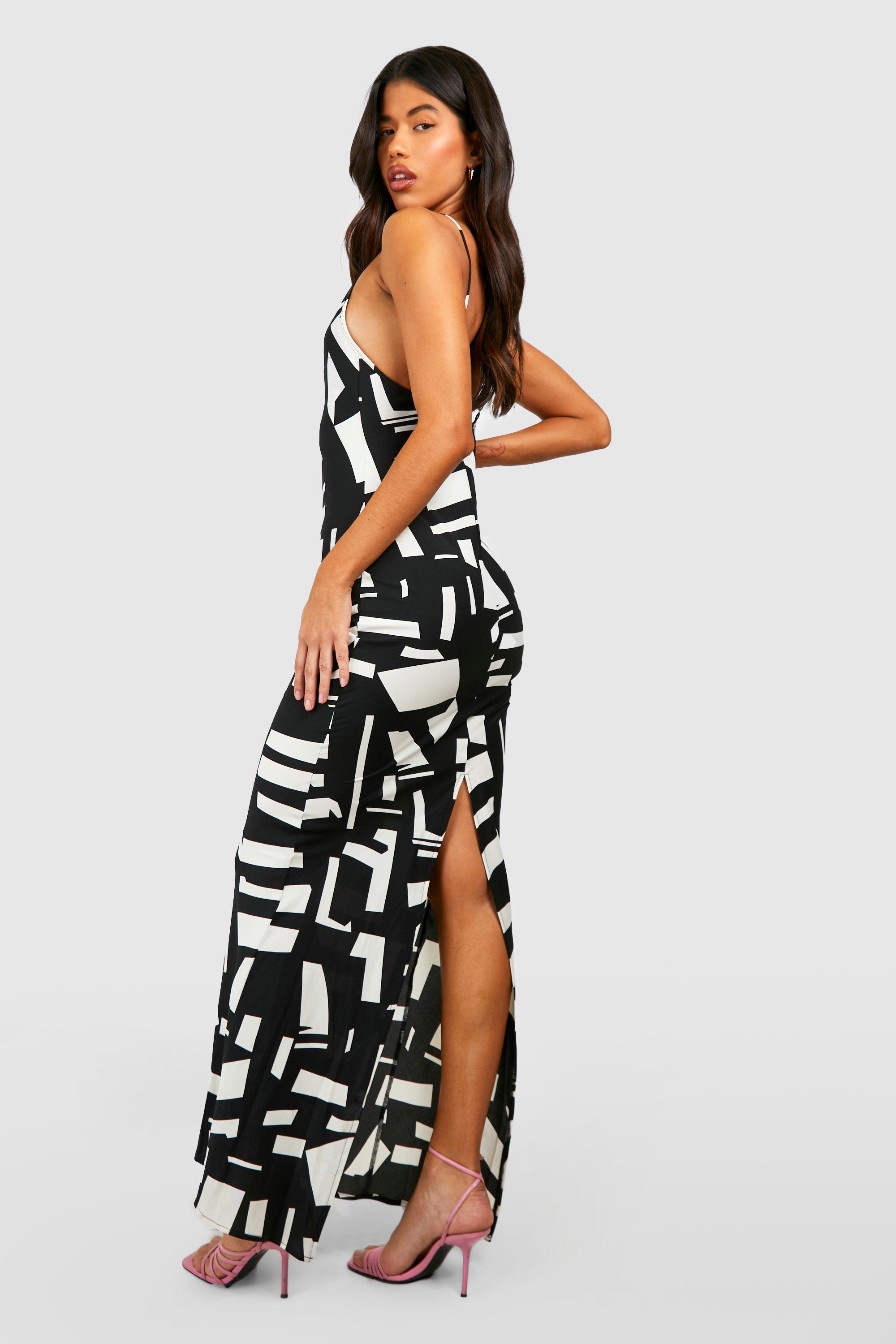 Tall Abstract Mono Print Cowl Strappy Satin Maxi Dress