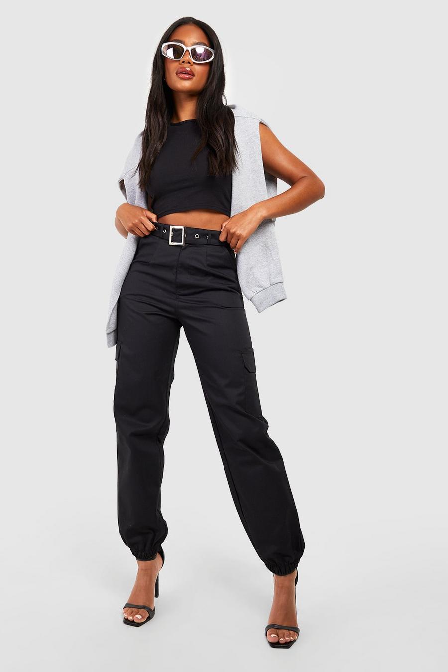 Black Eyelet Belted Cargo Cuffed Track Pants image number 1