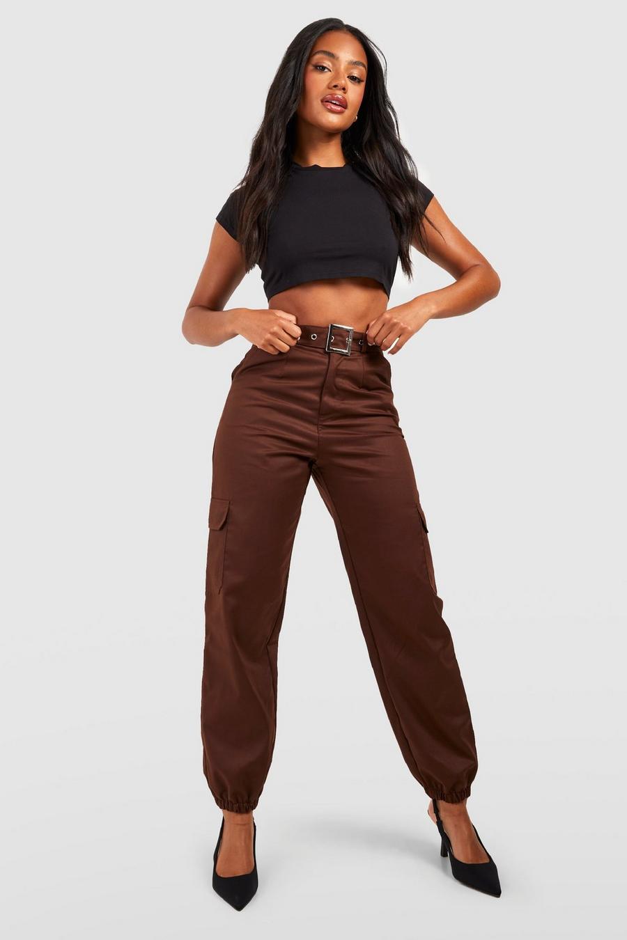 Chocolate Eyelet Belted Cargo Cuffed Jogger image number 1