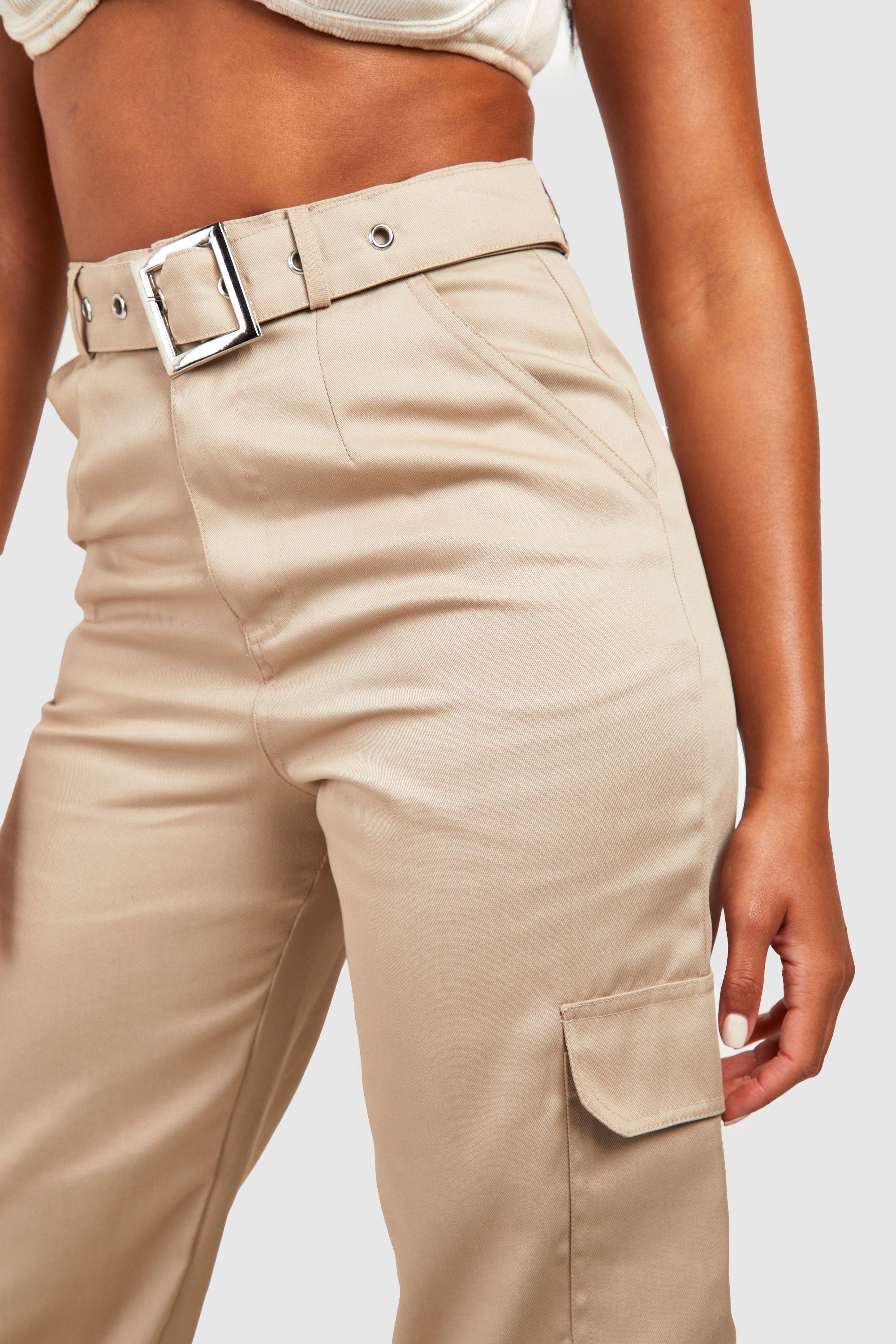 Y2K Beige Belted Flare Pants - M – Adult World Shop