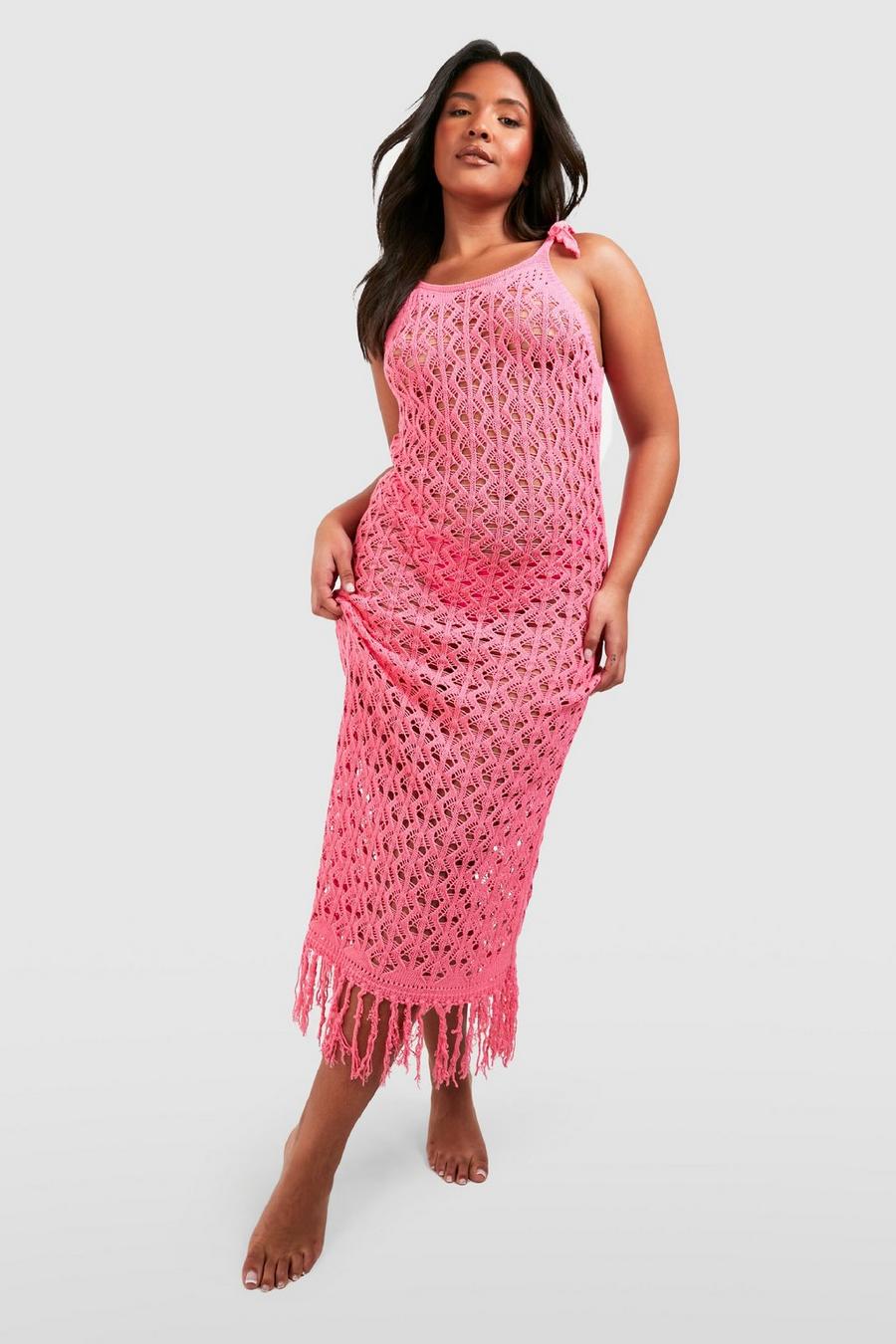 Hot pink Plus Crochet Tie Shoulder Tassel Hem Dress