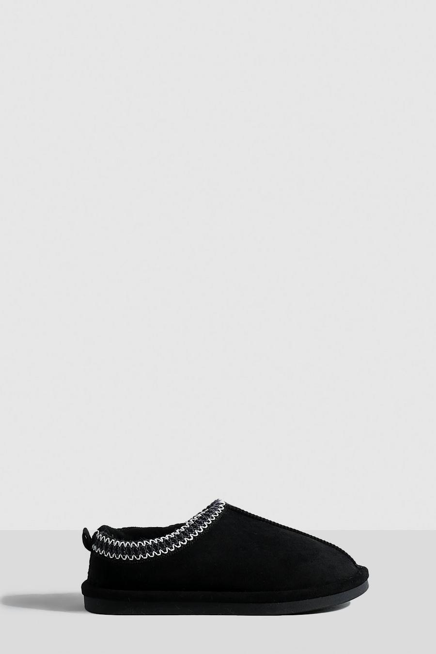 Black Embroidered Slip On Cosy Mules