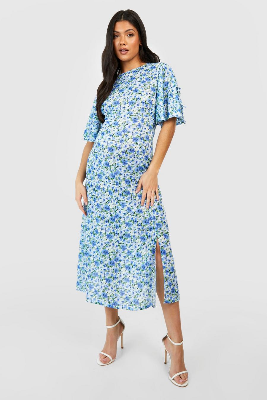 Blue Maternity Ditsy Floral Textured Midi Smock Dress