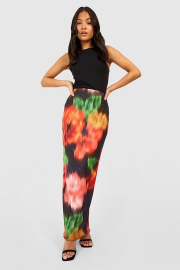 Petite Blurred Floral Print Maxi Skirt red