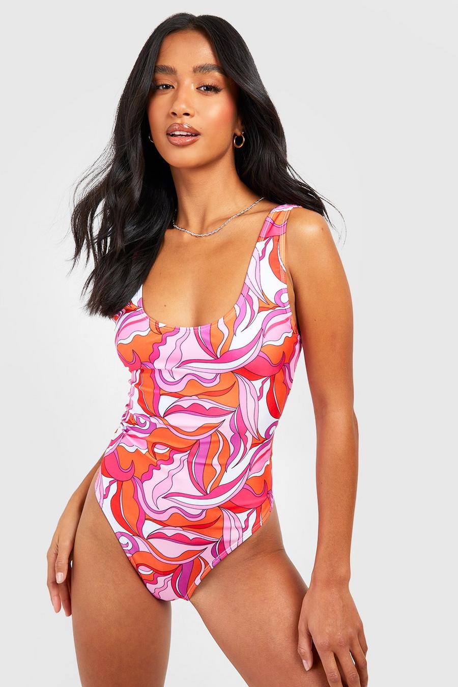 Pink Petite Abstract Print Scoop Swimsuit image number 1