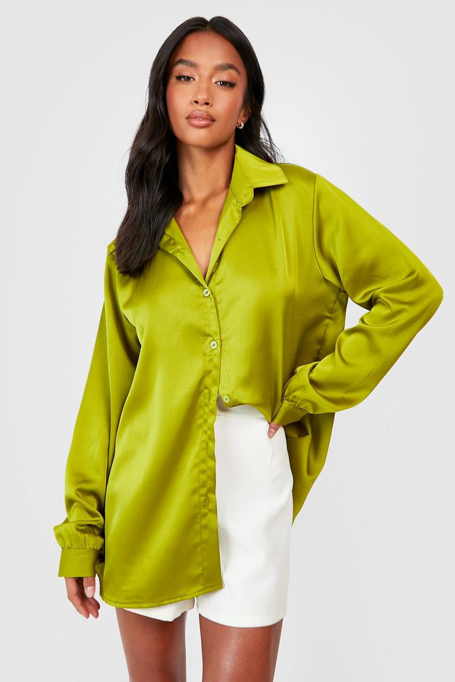 Chartreuse Petite Satin Oversized Shirt image number 1
