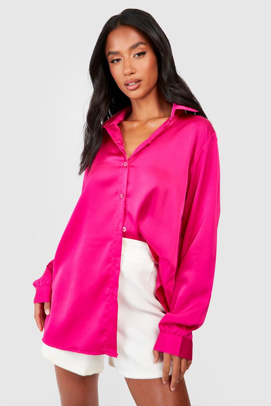 Hot pink Petite Satin Oversized Shirt