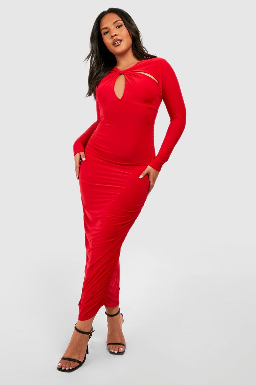 Red rojo Plus Double Slinky Twist Front Ruched Midi Dress
