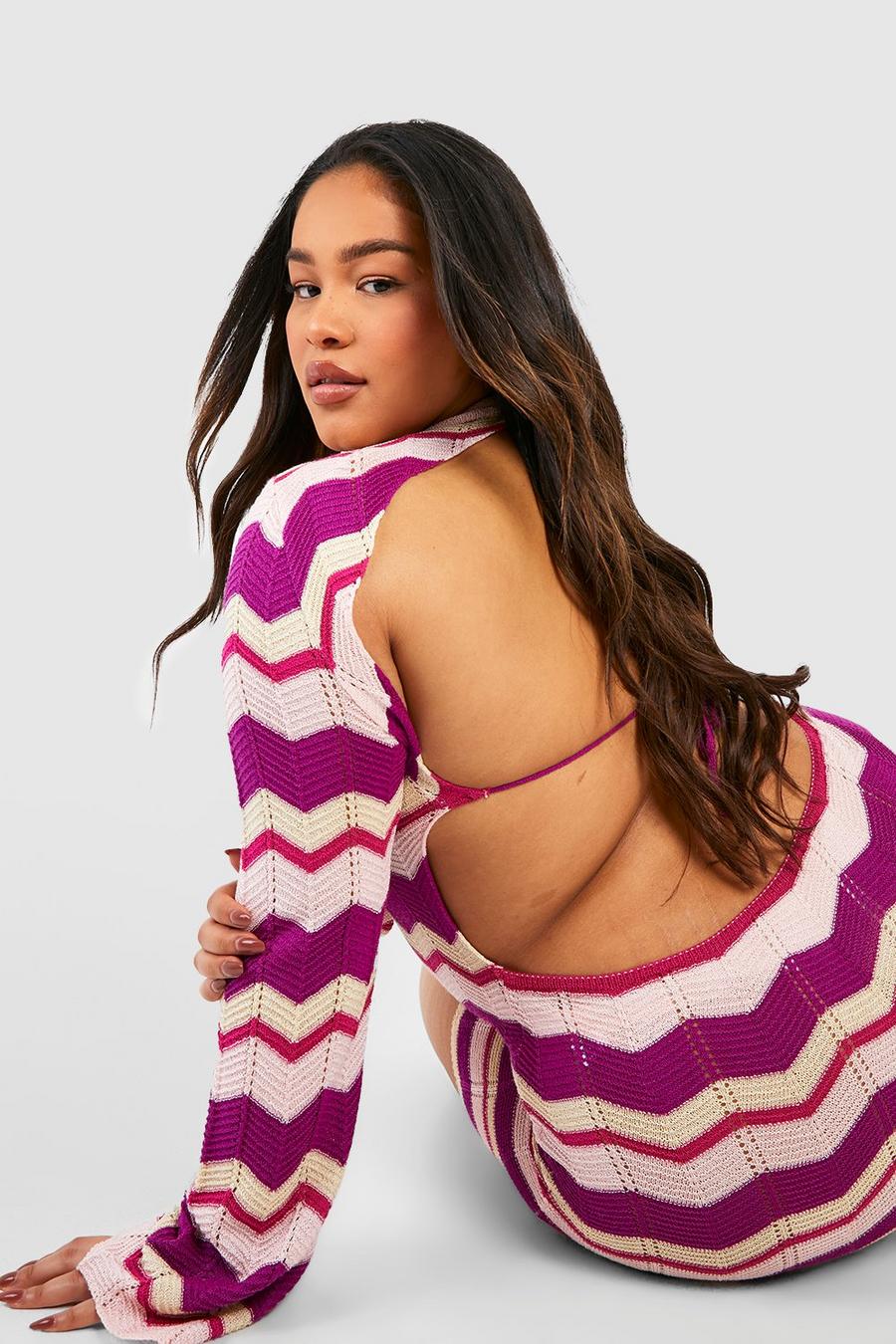 Hot pink Plus Crochet Zig Zag Flare Sleeve Beach Dress image number 1