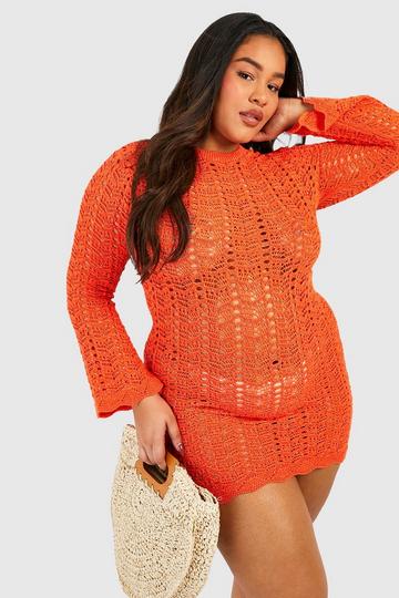 Plus Crochet Metallic Flare Sleeve Beach Dress burnt orange