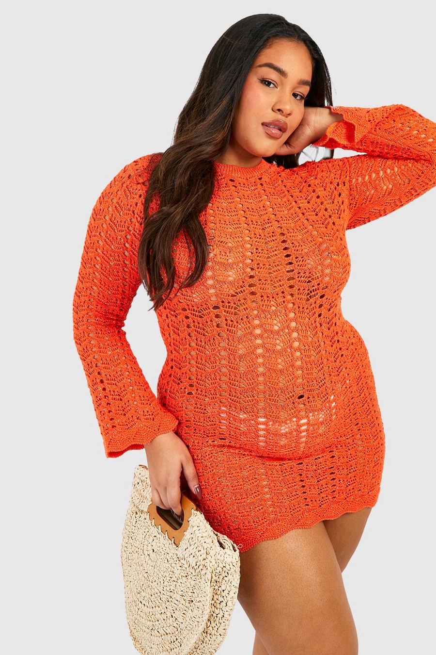 Burnt orange Plus Crochet Metallic Flare Sleeve Beach Dress image number 1