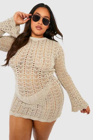 Plus Crochet Metallic Flare Sleeve Beach Dress stone