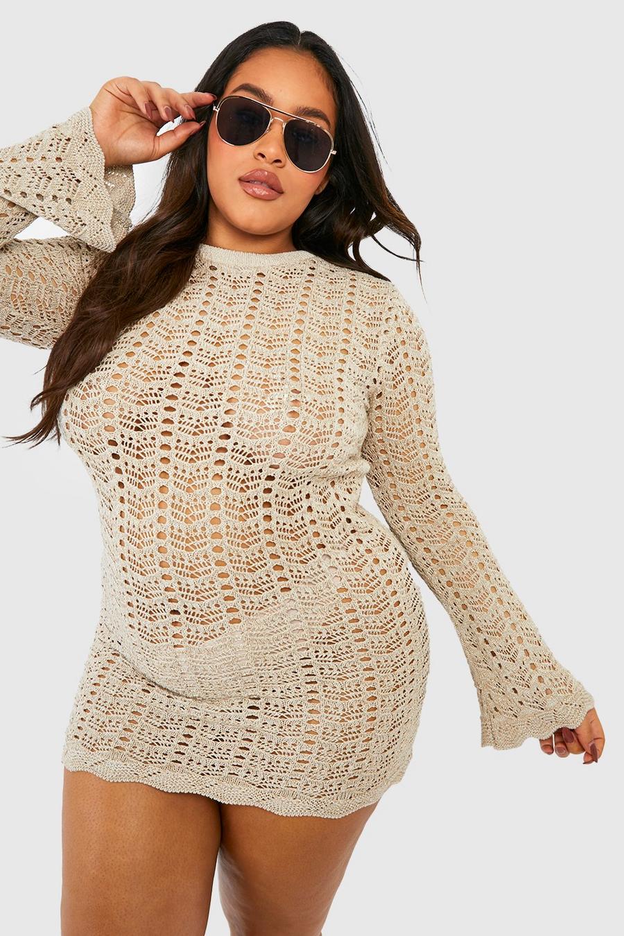Stone beige Plus Crochet Metallic Flare Sleeve Beach Dress