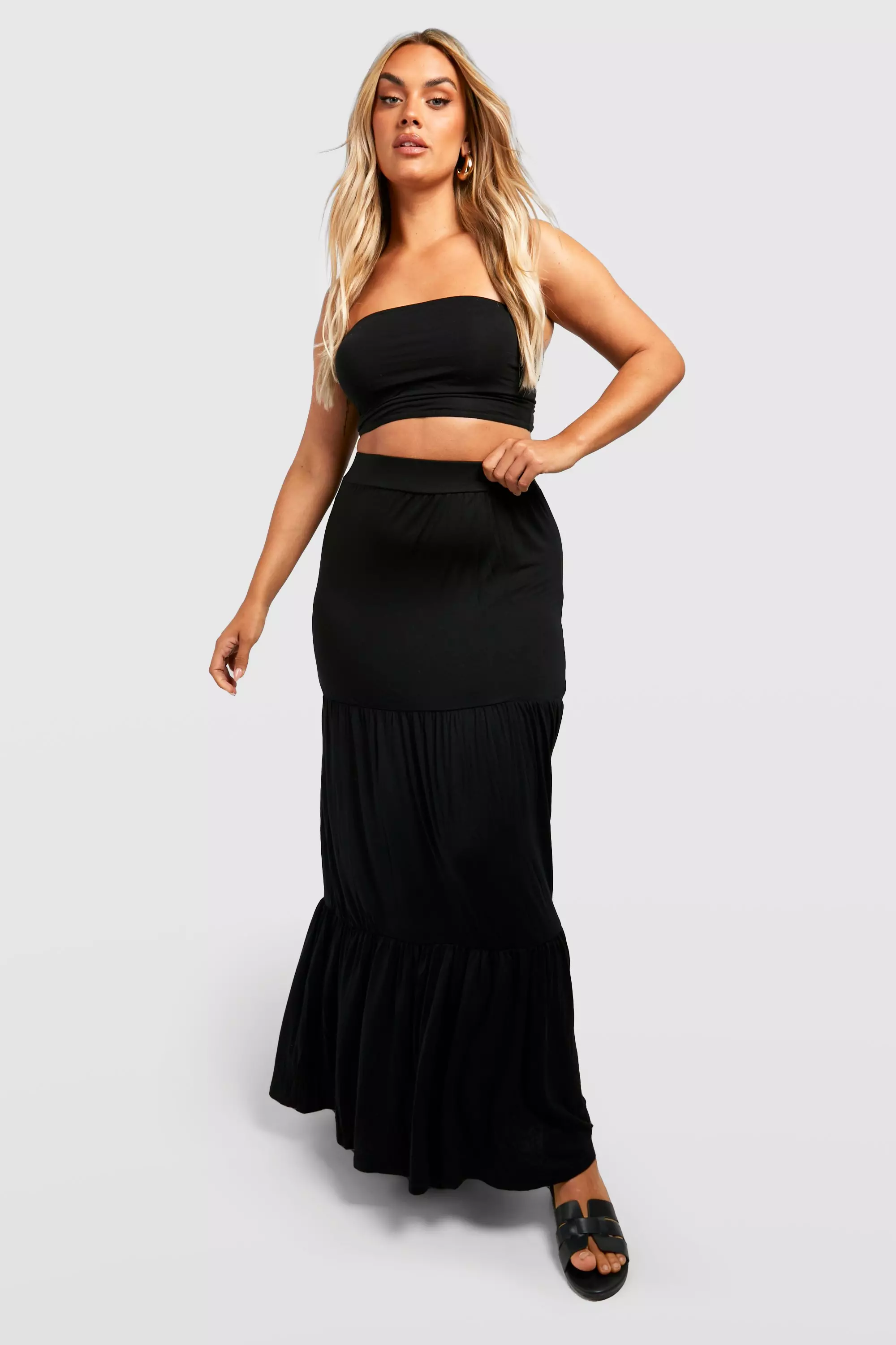 Plus Jersey Tiered Gypsy Maxi Skirt