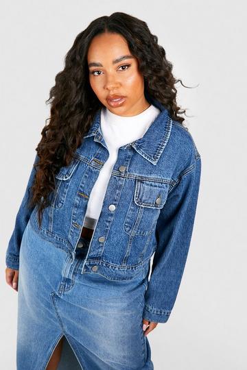 Plus Pocket Detail Cropped Denim Jacket mid blue