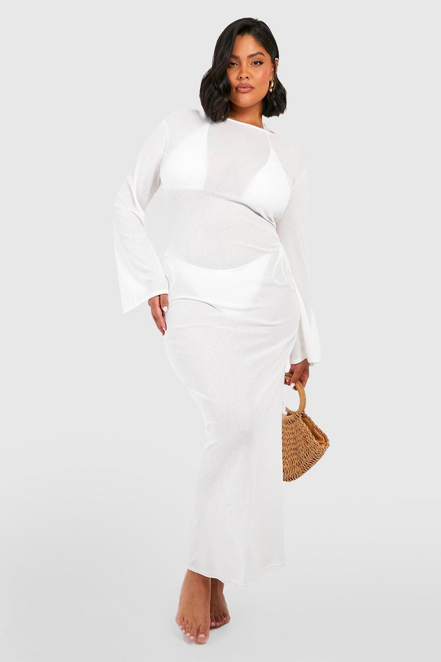 White weiß Plus Knitted Jersey Open Back Maxi Beach Dress