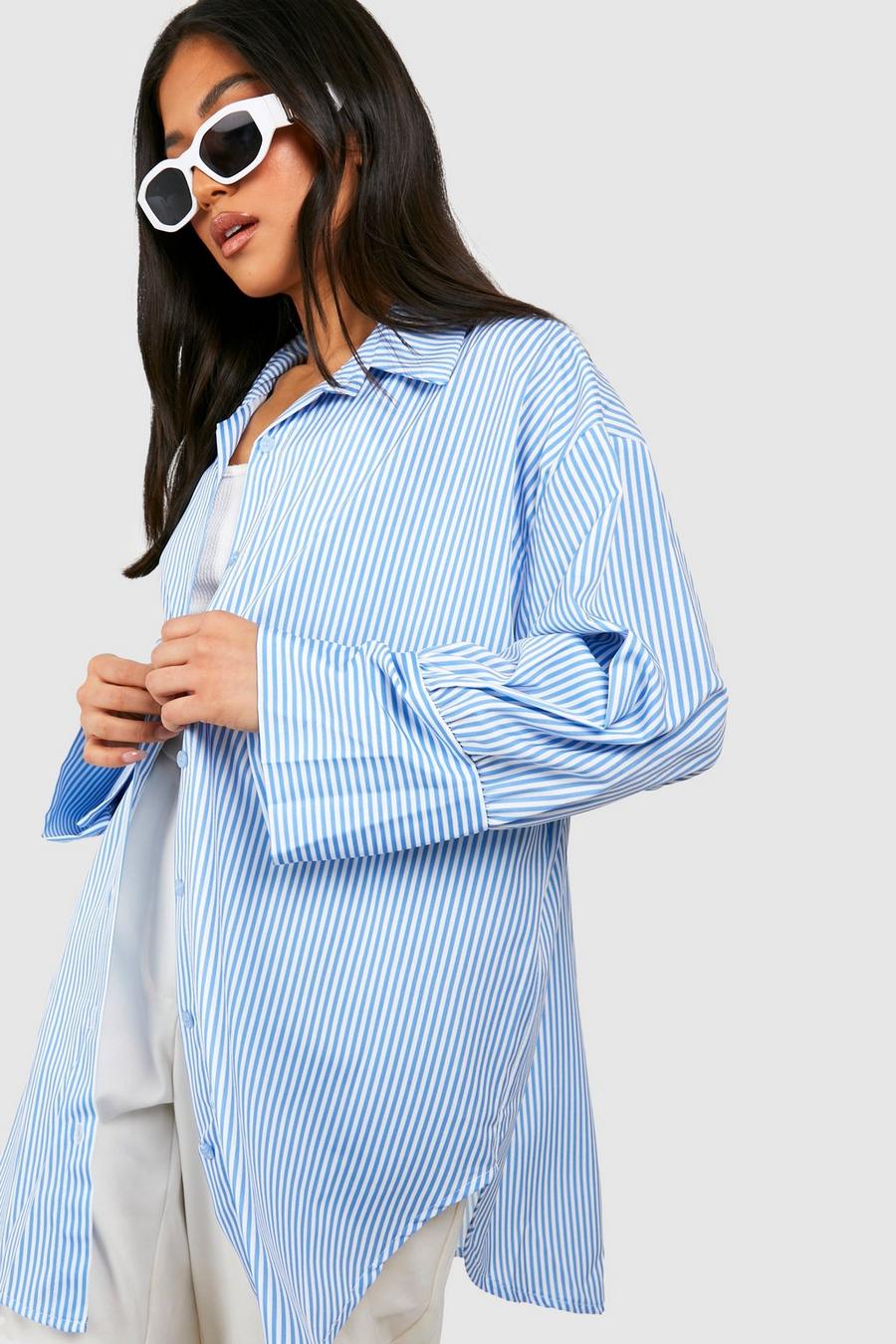 Blue Petite Poplin Stripe Oversized Shirt image number 1
