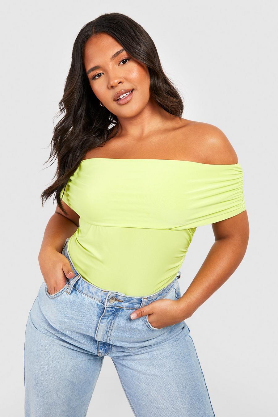 Lime Plus Slinky Ruched Asymmetric Bodysuit image number 1