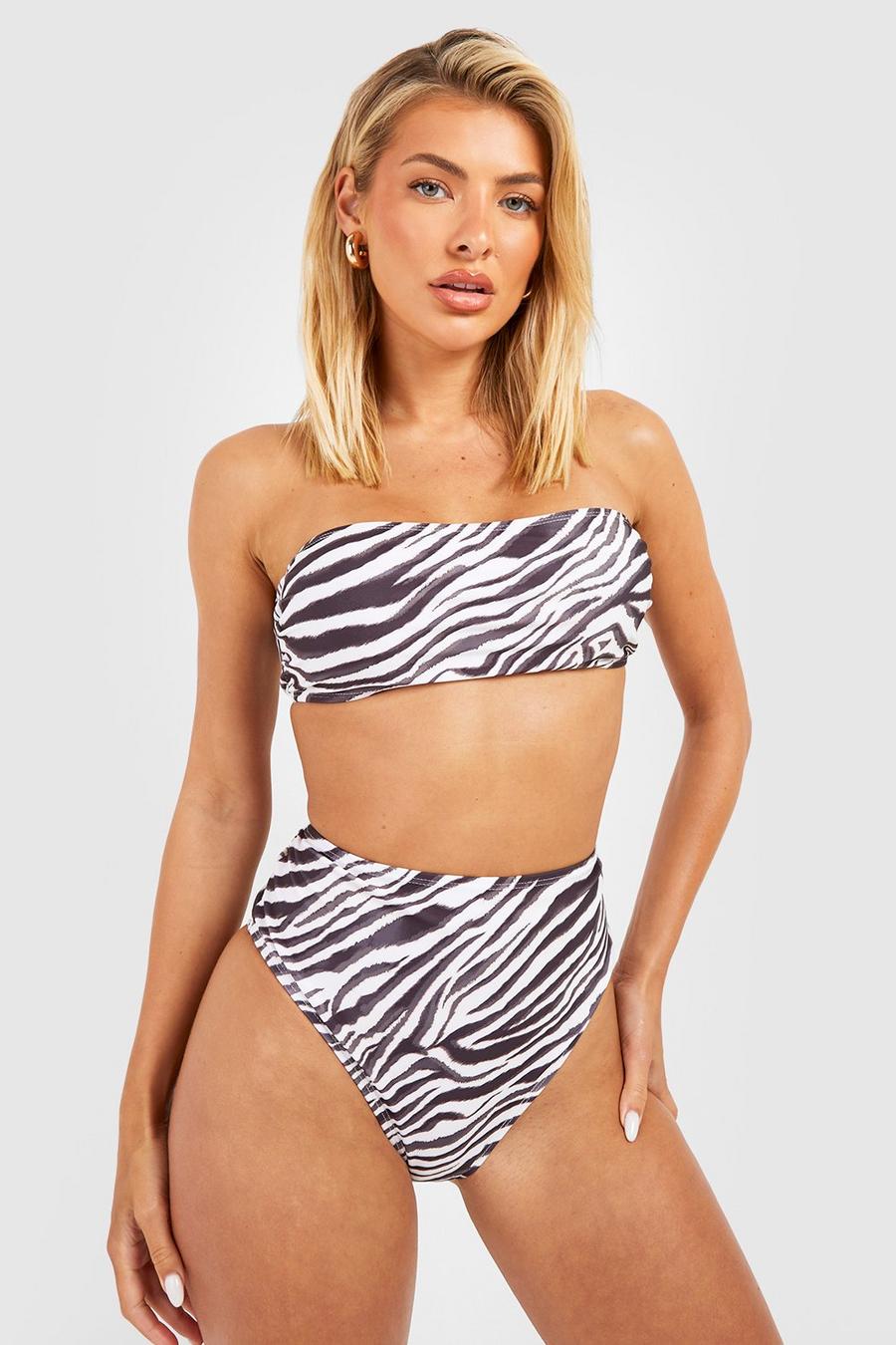 Tigerprint Bandeau-Bikini mit hohem Bund, Cream image number 1