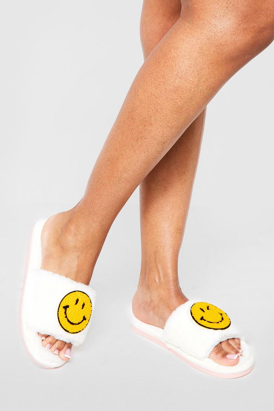 Cream Faux Fur Happy Face Open Toe Slippers image number 1