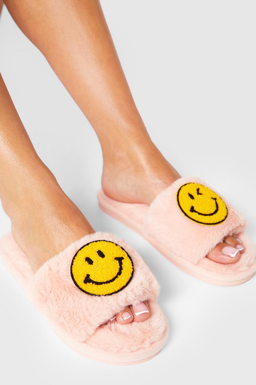 Pink Faux Fur Happy Face Open Toe Slippers image number 1