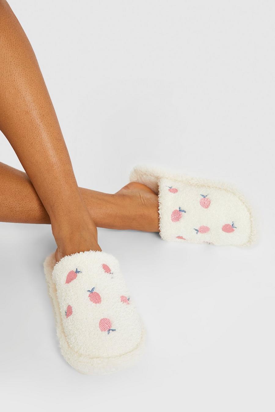 Cream white Peach Embroidery Open Toe Slippers