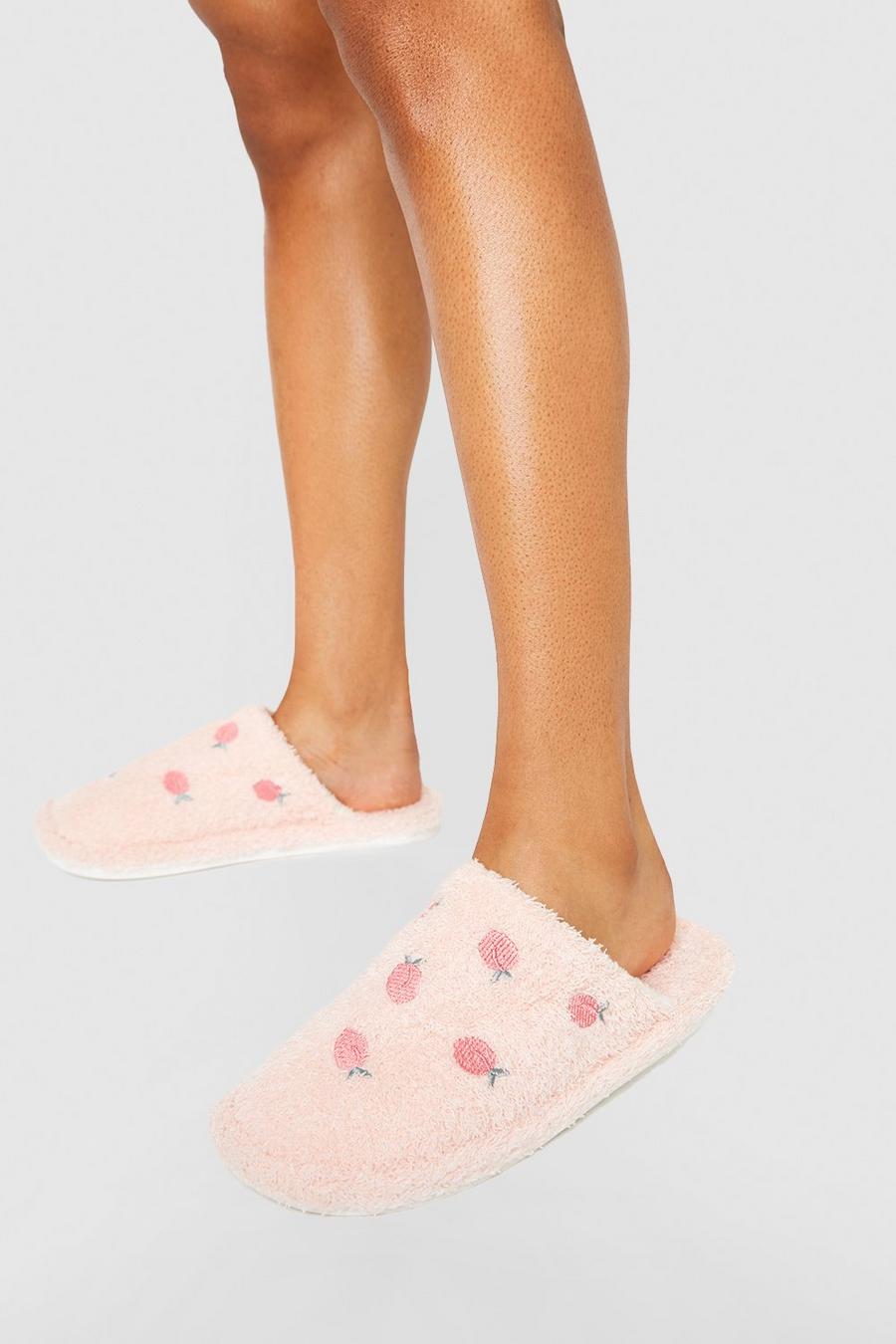 Pink rosa Peach Embroidery Open Toe Slippers