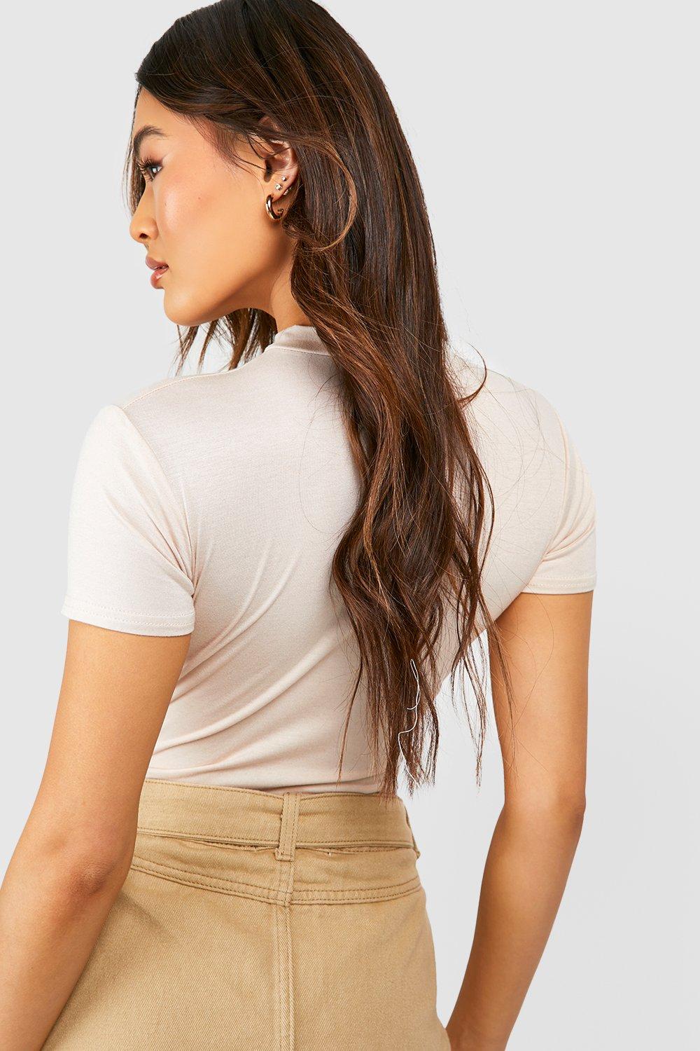 High Neck Short Sleeve Ribbed Top Beige