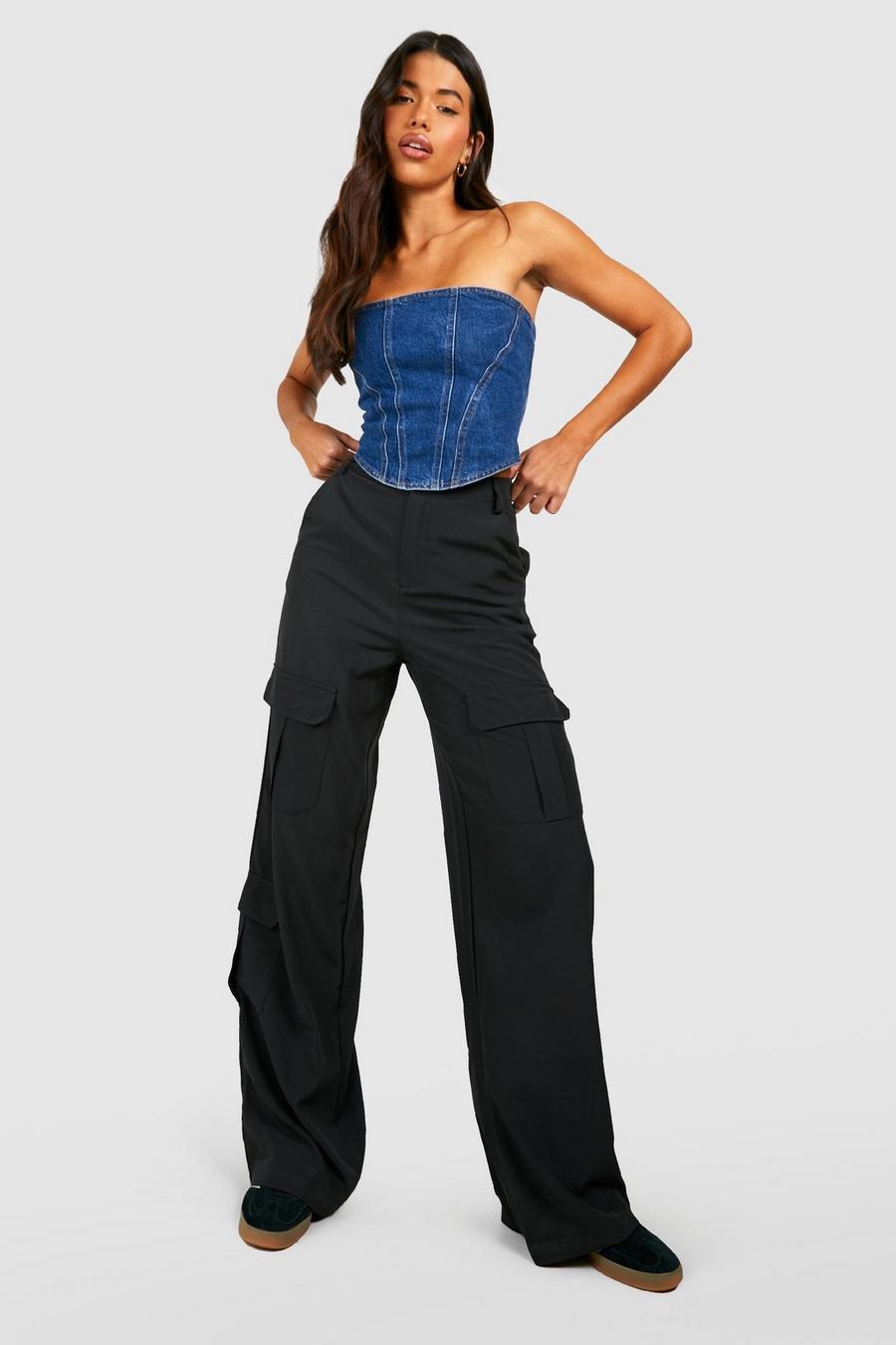 Black Tall Pocket Detail High Waisted Wide Leg Cargo Pants image number 1