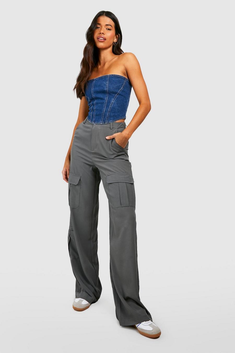 Charcoal Tall Pocket Detail High Waisted Wide Leg Cargo Pants image number 1