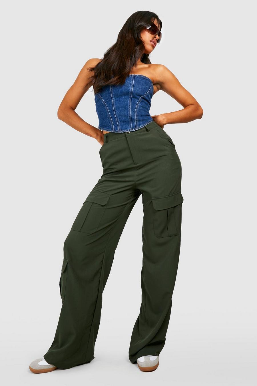 Khaki Tall Pocket Detail High Waisted Wide Leg Cargo Pants image number 1