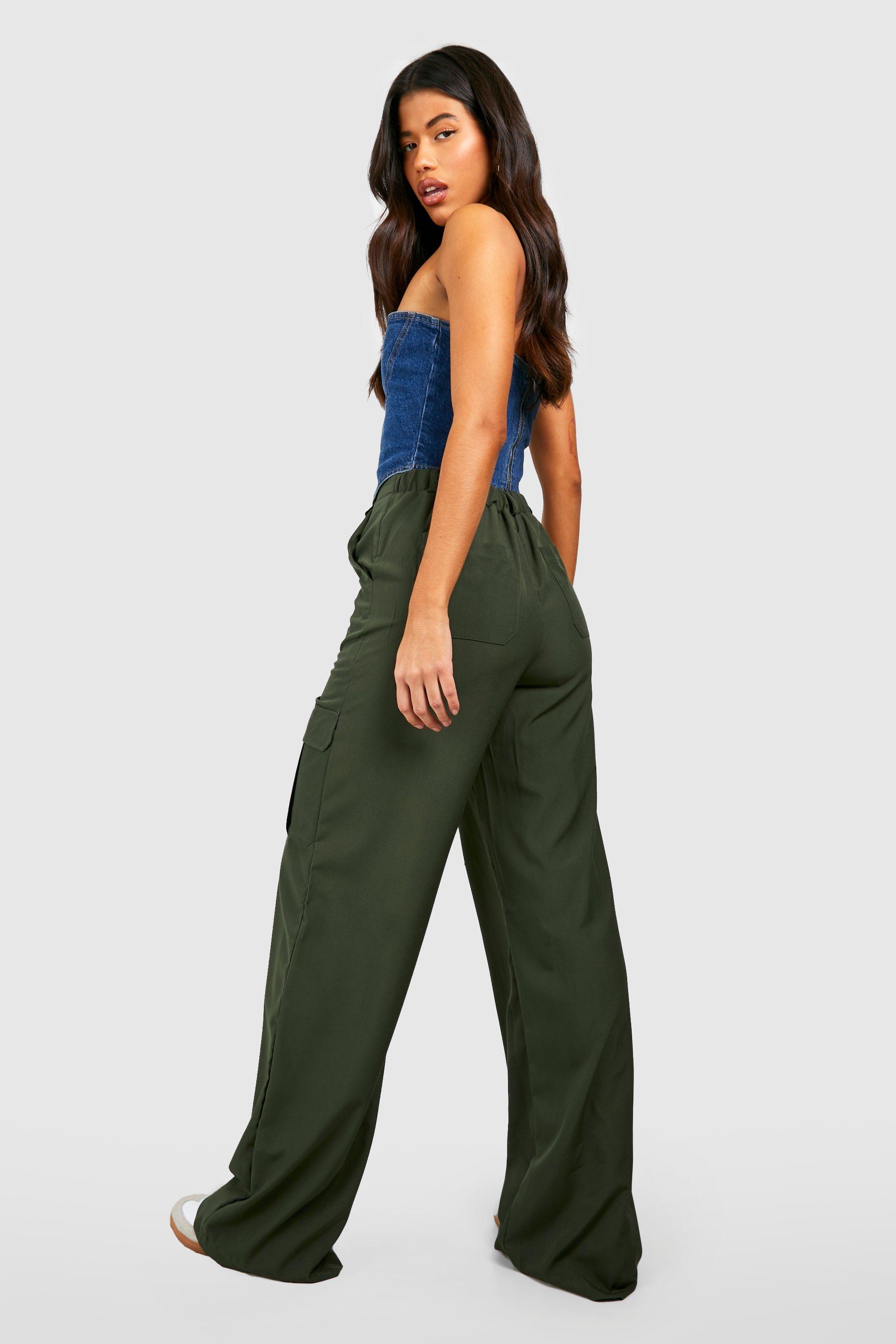 HOUZHOU Womens Khaki Cargo Pants With Oversized Pockets And Wide