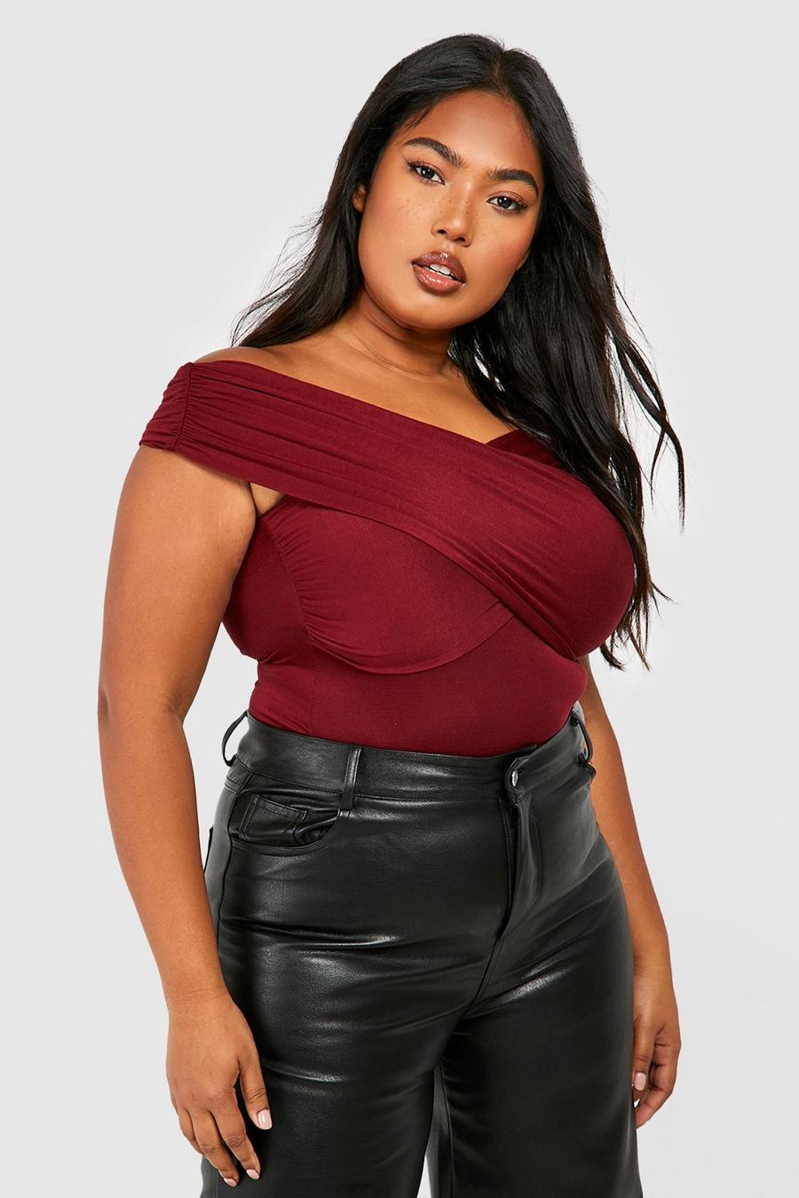 Berry Tall Off The Shoulder Ruched Detail Bodysuit image number 1